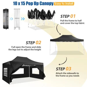 HOTEEL Heavy Duty Pop-Up Canopy Tent 10x15, 4 Sidewalls, Black