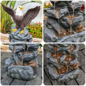 FountJoy Bald Eagle Outdoor Fountain With Tiered Cascading Rock Water Feature, 38.58 in Tall