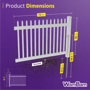 WamBam White Vinyl Picket Fence Panel Kit, 4ft H x 6ft W, 1 Panel + 1 Post - BL19101