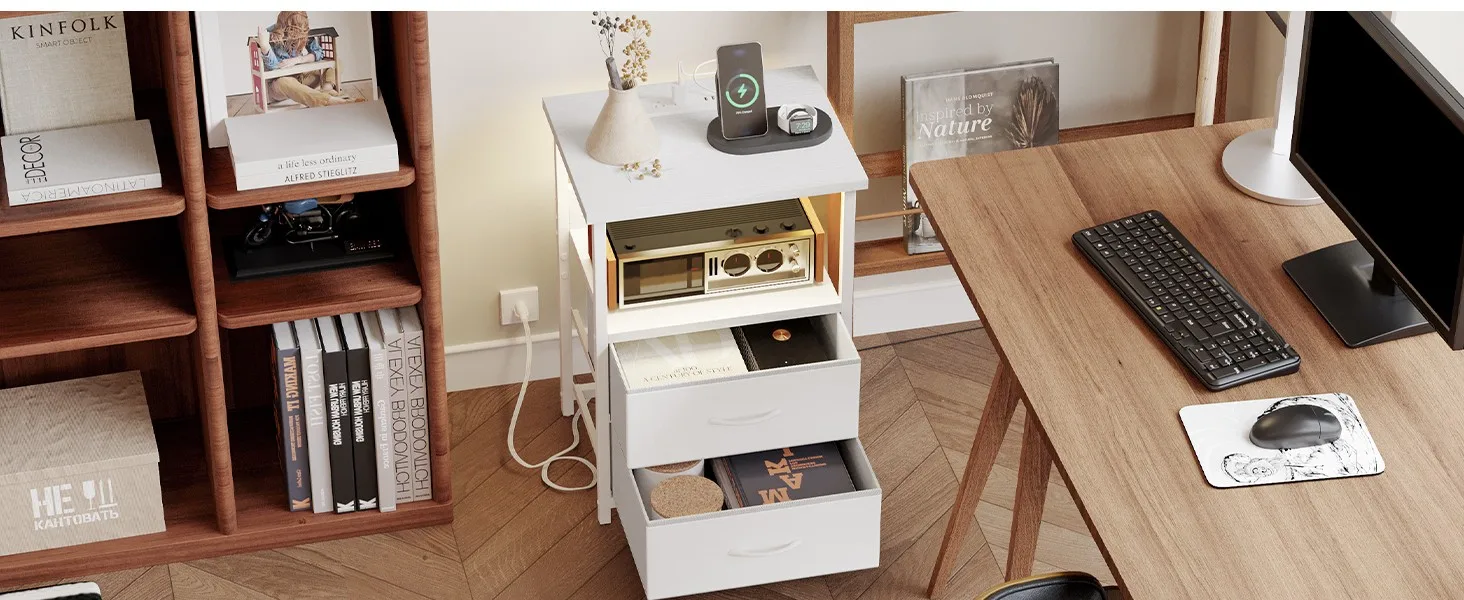 Fixwal White LED Nightstand Beside Desk and Bookcase