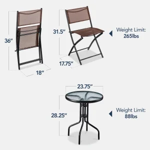 Best Choice Products 3-Piece Patio Bistro Dining Set With Glass Tabletop And Folding Chairs - Gray