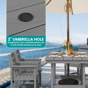 SERWALL 7-Piece HDPE Outdoor Dining Set With Umbrella Hole - Gray