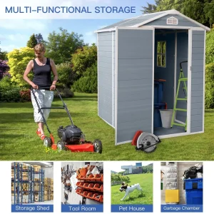 Seizeen Outdoor Resin Storage Shed, 41 Cu. Ft. / 306 Gal, Gray, 3 Doors With Floor