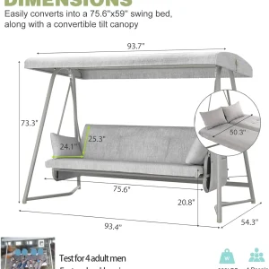 TQKVIPI 4 Person Outdoor Porch Swing Bed With Adjustable Backrest Canopy - 800 lbs Capacity
