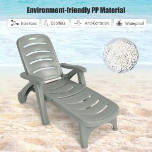 Rolling Folding Plastic Pool Lounge Chair With Armrests, 5 Position - Patio Deck Beach Chair