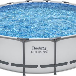 Steel Pro MAX 14 Foot x 48 Inch Round Steel Frame Above Ground Pool Set With 1,000 Filter Pump, Ladder And Cover - Gray