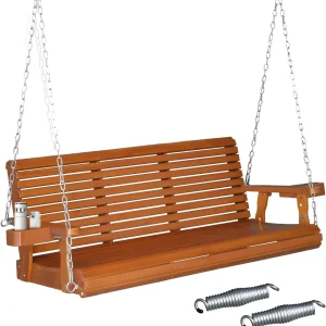 VINGLI Patio Porch Swing Bench With Cup Holders And Phone Slots, 5 FT Pro Brown, 880 LBS