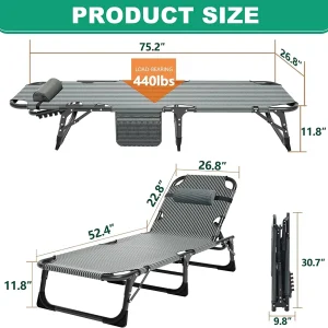 Slsy 5-Position Adjustable Folding Lounge Chair And Cot - 75.2" x 25.6" x 11.8"