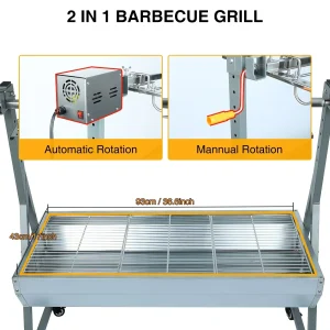Rocita Charcoal Rotisserie Grill Roaster 132lbs, 38.5in x 18.1in, Stainless Steel, 25W Motor And Hand Crank