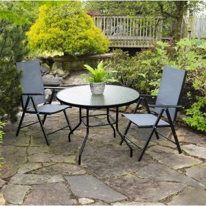 Outdoor Steel Patio Dining Table With Round Waterwave Glass Top, Black, 40 inch