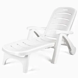 Rolling Folding Plastic Pool Lounge Chair With Armrests, 5 Position - Patio Deck Beach Chair