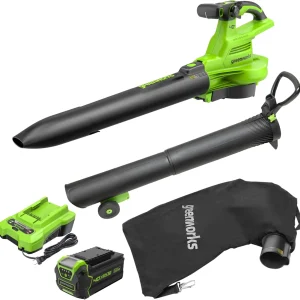 Greenworks 40V Cordless Brushless Leaf Blower Vacuum With Bag, 230 MPH, 505 CFM, 5.0Ah Battery And Charger