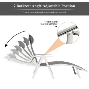 7 Position Folding Outdoor Chaise Lounge Chair With Cushion And Pillow