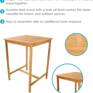 Sunnydaze Solid Teak Wood Square Patio Bar Table, 31.5in W x 31.5in D x 43.5in H