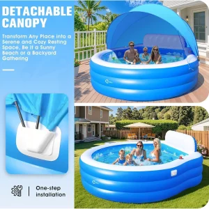 Inflatable Family Lounge Pool With Canopy, Bench And Backrest, 92in x 92in x 26in - Blue