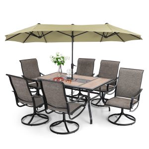Patio Dining Set With Umbrella And 6 Sling Dining Swivel Chairs, 8-Piece - 60 x 37.4 x 28 Inches