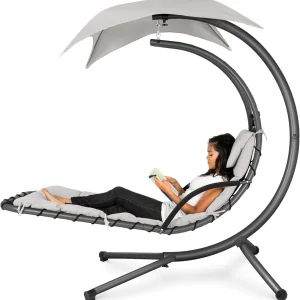 Best Choice Products Outdoor Hanging Steel Chaise Lounge Chair With Canopy, Charcoal Gray - SKY5871