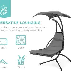 Best Choice Products Outdoor Hanging Steel Chaise Lounge Chair With Canopy, Charcoal Gray - SKY5871