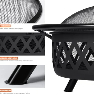 SUNCREAT 42-Inch Wood Burning Patio Fire Pit, Black, 42.1 Inch Diameter x 25.2 Inch High