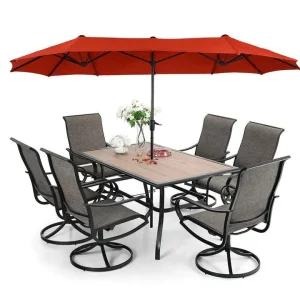 8-Piece Patio Dining Set With Umbrella And 6 Sling Dining Swivel Chairs