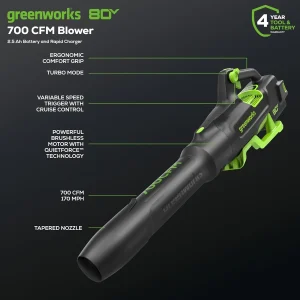 Greenworks 80V Brushless Cordless Leaf Blower, 700 CFM / 170 MPH, 2.5Ah Battery And 40-Min Rapid Charger