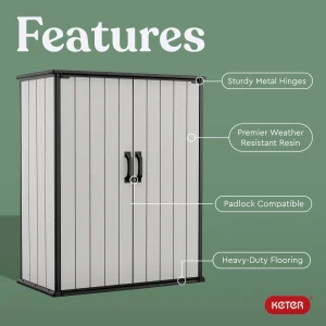 Keter Premier Tall Vertical Resin Outdoor Storage Shed With Floor And Locking Double Doors - Grey