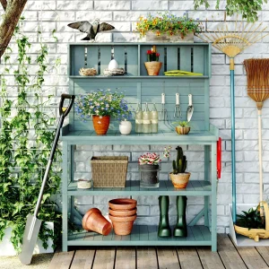 Wooden Outdoor Potting Bench Table With 4 Storage Shelves, Side Hook And Green Finish