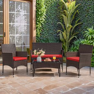 4-Piece Outdoor Patio Furniture Set With Rattan Wicker Chairs, Loveseat And Glass-Top Table