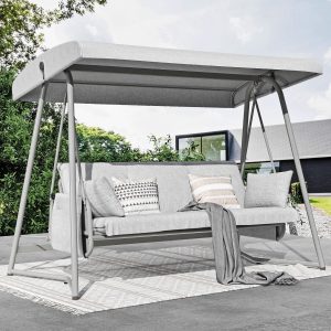 TQKVIPI 4 Person Outdoor Porch Swing Bed With Adjustable Backrest Canopy - 800 lbs Capacity