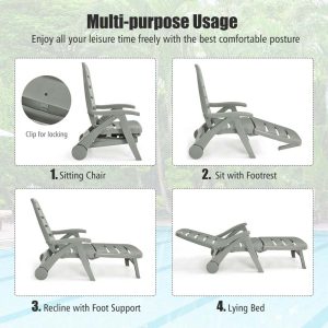 Rolling Folding Plastic Pool Lounge Chair With Armrests, 5 Position - Patio Deck Beach Chair