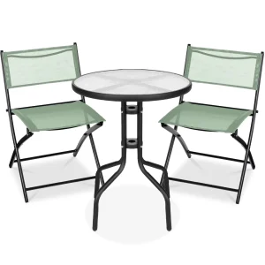 Best Choice Products 3-Piece Patio Bistro Dining Set With Glass Tabletop And Folding Chairs - Gray