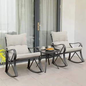 COSIEST 3 Piece Metal Bistro Set With Beige Cushions And Coffee Table
