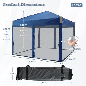 Aoodor Pop Up Canopy 12'x12' With Removable Mesh Sidewalls - Black