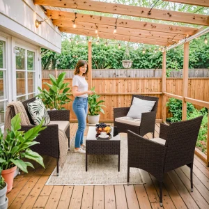 4-Piece Outdoor Patio Furniture Set With Rattan Wicker Chairs, Loveseat And Glass-Top Table