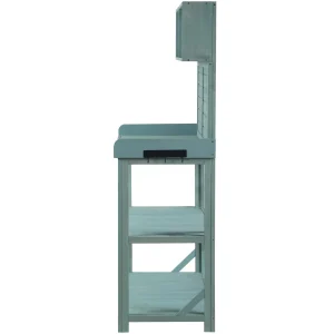 Wooden Outdoor Potting Bench Table With 4 Storage Shelves, Side Hook And Green Finish