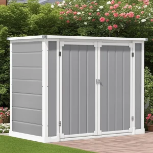 Seizeen Outdoor Resin Storage Shed, 41 Cu. Ft. / 306 Gal, Gray, 3 Doors With Floor