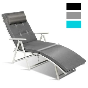 7 Position Folding Outdoor Chaise Lounge Chair With Cushion And Pillow