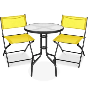 Best Choice Products 3-Piece Patio Bistro Dining Set With Glass Tabletop And Folding Chairs - Gray
