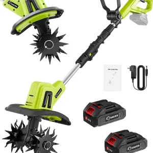 Saker 22V Cordless Electric Garden Tiller Cultivator, 9-Inch Width, 6.3-Inch Depth, 2 Batteries - SK-TC18B