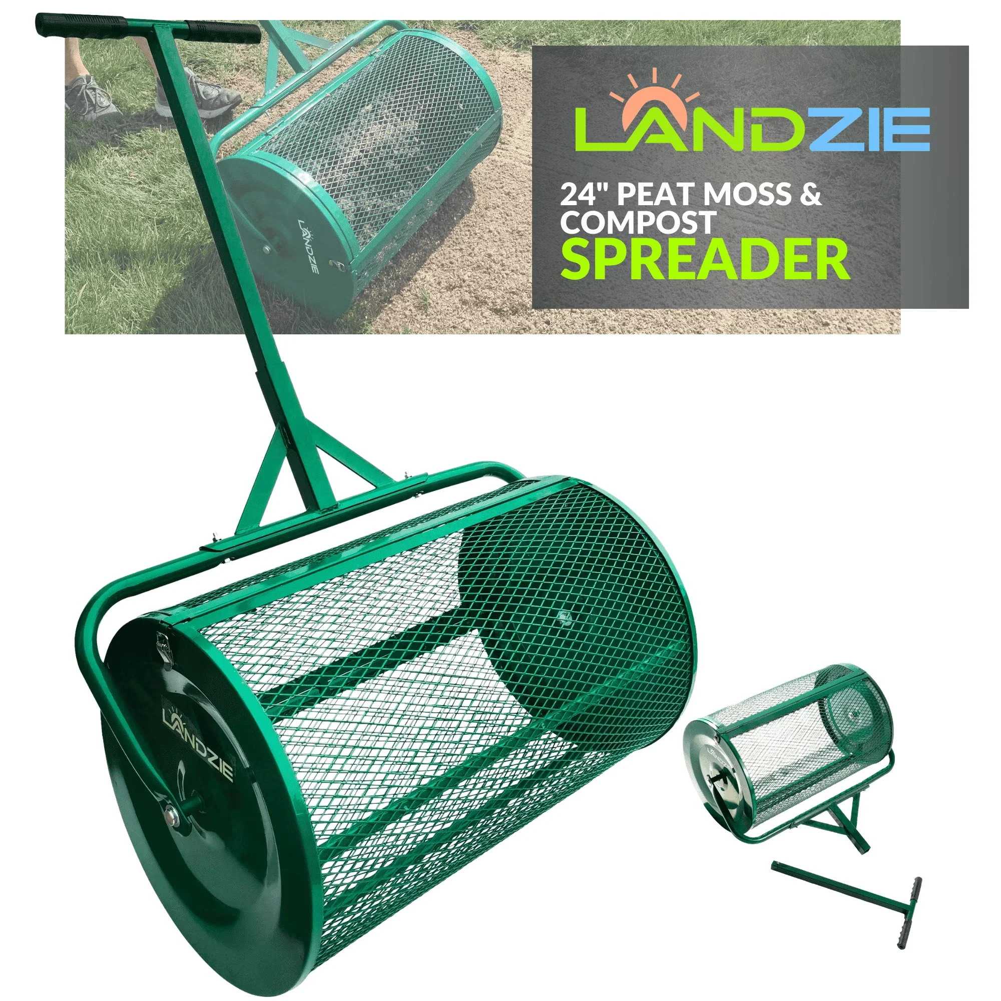 Landzie 24-Inch Walk-Behind Compost Spreader With Metal Mesh Basket