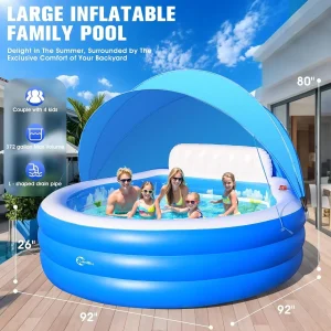 Inflatable Family Lounge Pool With Canopy, Bench And Backrest, 92in x 92in x 26in - Blue