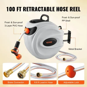 VEVOR Retractable Garden Hose Reel, 100 ft x 1/2 inch, Wall-Mounted With 9-Pattern Nozzle