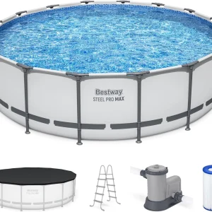 Steel Pro MAX 14 Foot x 48 Inch Round Steel Frame Above Ground Pool Set With 1,000 Filter Pump, Ladder And Cover - Gray