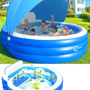 Inflatable Family Lounge Pool With Canopy, Bench And Backrest, 92in x 92in x 26in - Blue