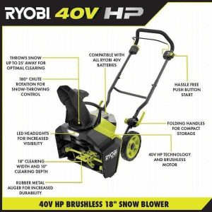 RYOBI 40V HP Brushless 18 in. Single-Stage Cordless Electric Snow Blower