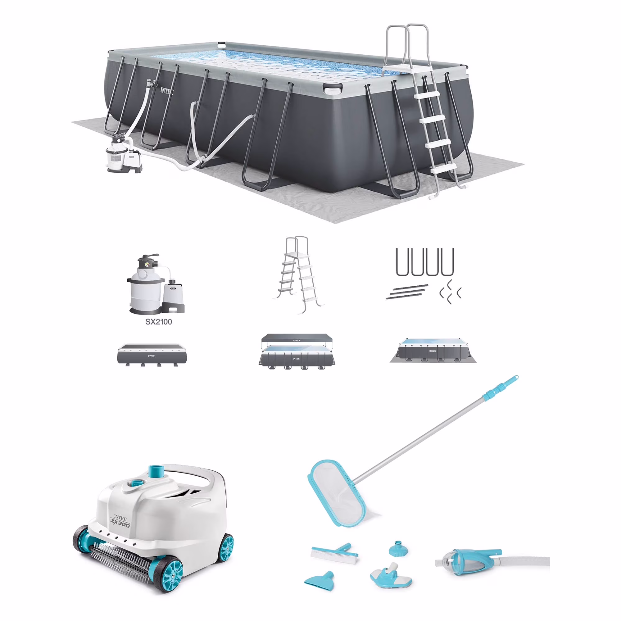 INTEX Ultra XTR Above Ground Pool 24ft x 12ft x 52in With 2 Floating Recliners And Mega Chill II Cooler