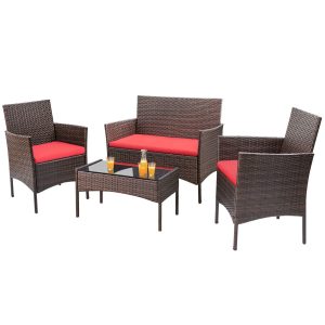 4-Piece Outdoor Patio Furniture Set With Rattan Wicker Chairs, Loveseat And Glass-Top Table