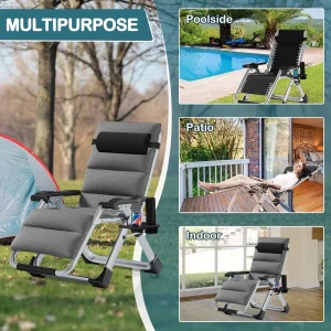 NAIZEA Zero Gravity Chair With Removable Cushion, Cup Holder, and Black Color