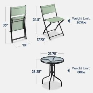 Best Choice Products 3-Piece Patio Bistro Dining Set With Glass Tabletop And Folding Chairs - Gray
