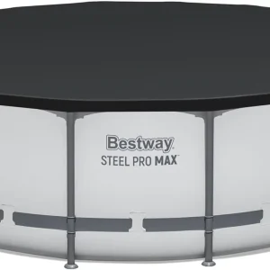 Steel Pro MAX 14 Foot x 48 Inch Round Steel Frame Above Ground Pool Set With 1,000 Filter Pump, Ladder And Cover - Gray